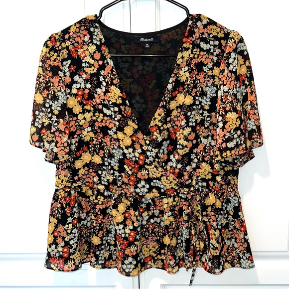 Madewell Floral Peplum Top XS Black Boho Wrap Tie Waist Anthropologie - Picture 3 of 8